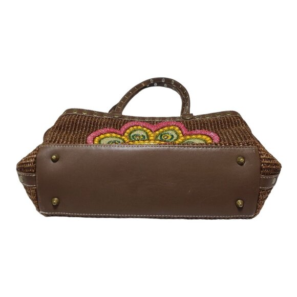 Isabelle Fiore Beaded Woven Shoulder Bag Brown Flower Rivets Pink Yellow - Picture 3 of 10